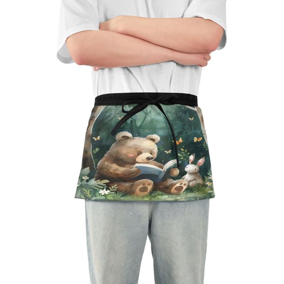 Bear Reading and Rabbit Server Apron with 3 Pockets Waterproof Waitress Waist Short Apron for Man Woman 12 Inches