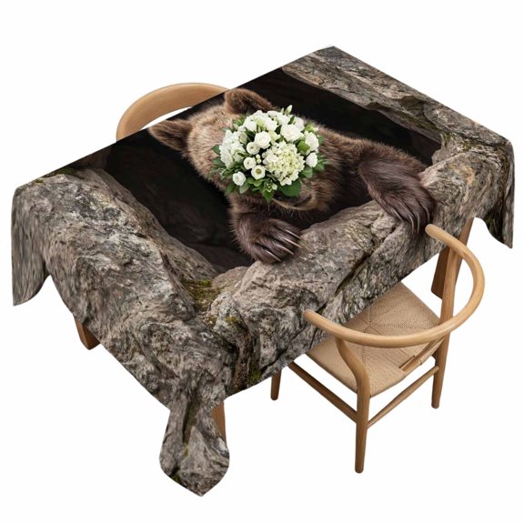 Bear Rectangle Tablecloth Country Rustic Natural Forest Rock Cave Wild Animal Waterproof Wrinkle Free Soft Table Cloth Spill-Proof Washable Table Cover for Dining Party Picnic 60 x 120 Inch