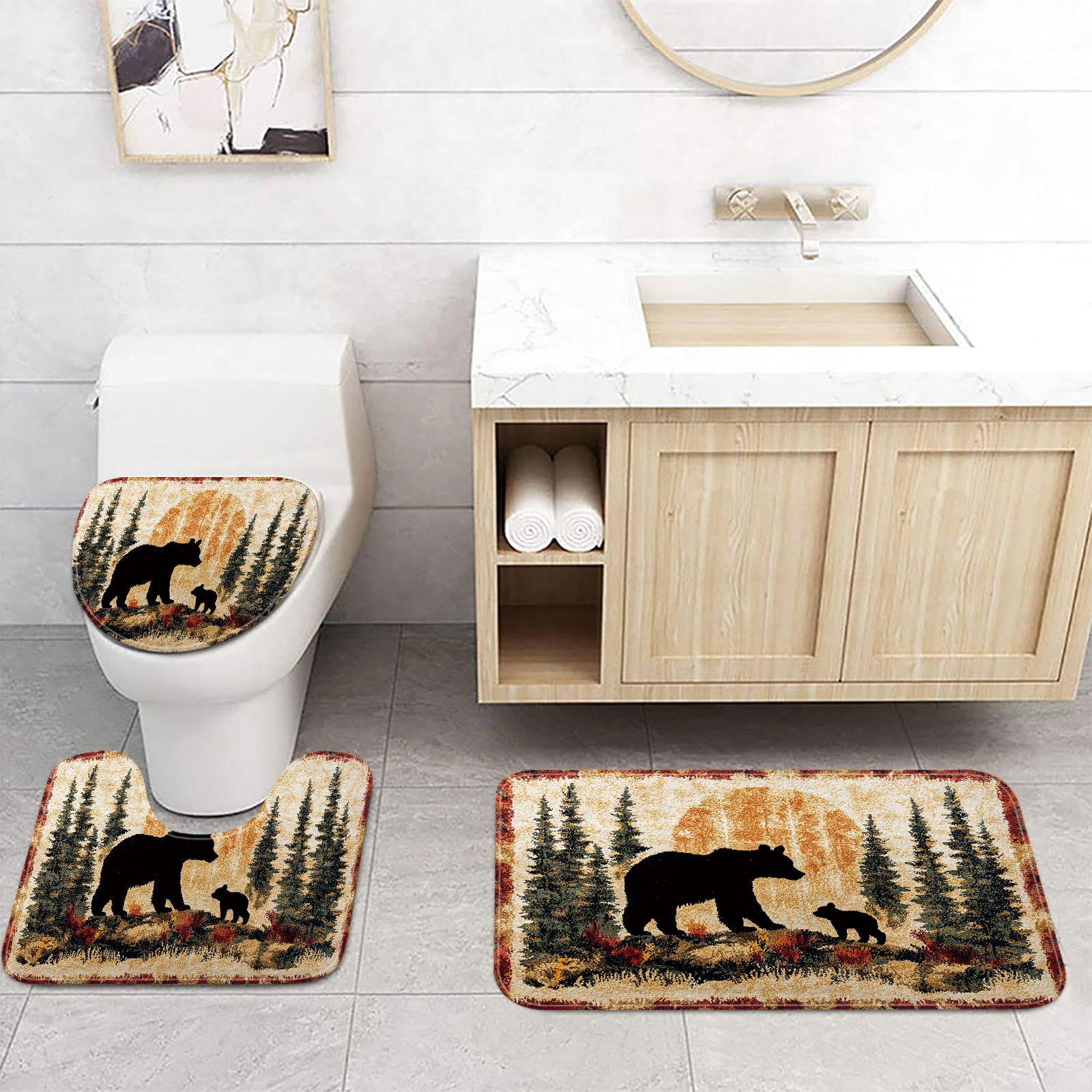 Bear Rug Farmhouse Bathroom Mats Sets 3 Piece Animal Black Bear Forest Trees Rustic Cabin Carpet Camping Bath Rug Sets for Bathroom Bedroom Kitchen Outdoor Indoor Bathroom Rug and Toilet Lid Cover