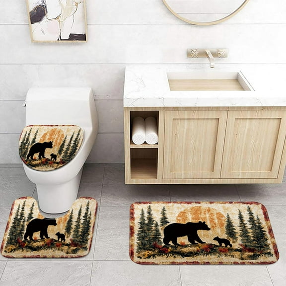 Bear Rug Farmhouse Bathroom Mats Sets 3 Piece Animal Black Bear Forest Trees Rustic Cabin Carpet Camping Bath Rug Sets for Bathroom Bedroom Kitchen Outdoor Indoor Bathroom Rug and Toilet Lid Cover