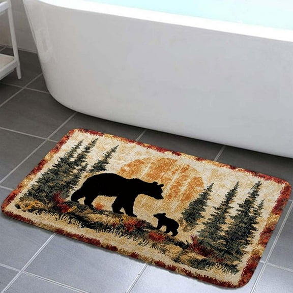 Bear Rug Farmhouse Bathroom Rugs Animal Black Bear Forest Trees Rustic Cabin Carpet Camping Bath Rug Sets for Bathroom Bedroom Kitchen Outdoor Indoor, 17X29in