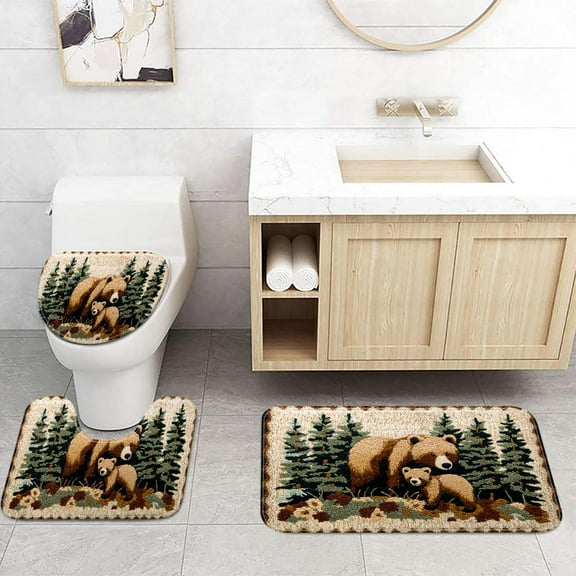 Bear Rug Farmhouse Bathroom Rugs Animal Brown Bear Forest Trees Rustic Cabin Carpet Camping Bath Rug Sets for Bathroom Bedroom Kitchen Outdoor Indoor 17X29 Inch