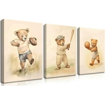 Bear Rugby Sports Nursery Canvas Wall Art Set of 3 - Cute Vintage Baby Bear Pictures Paintings Poster Prints, Nursery Animal Wall Decor for Children Bedroom Boy Room Decoration