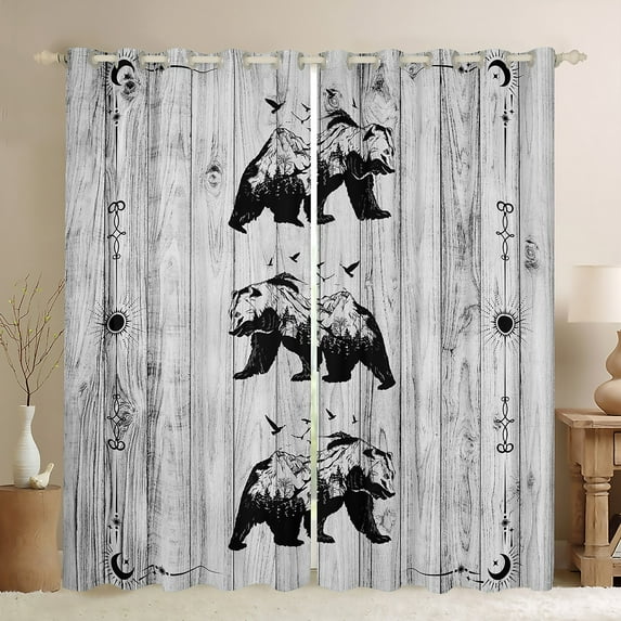 Bear Rustic Curtains Sun and Moon Farmhouse 30%-50% Blackout Curtains,Lodge Cabin Curtains & Drapes Grey Wooden Plank Woodland Big Cat Wild Animal Black Silhouette Room Decor