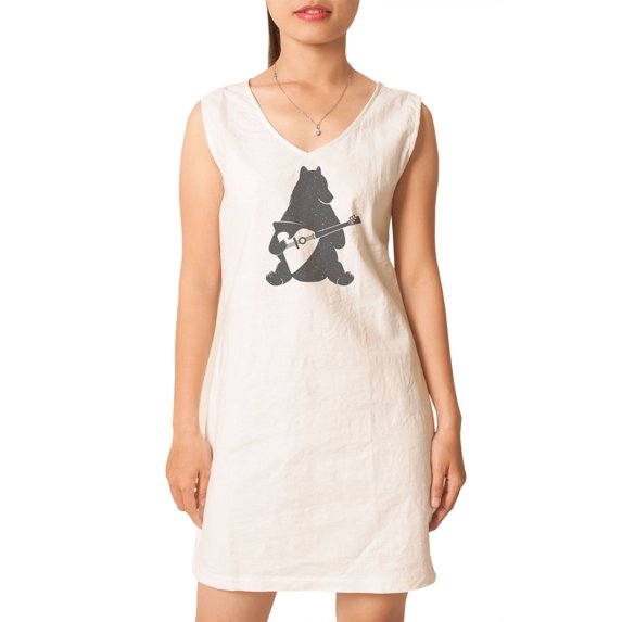 Bear'S Playing Guitar Printed Vintage V-neck Linen Mini Shift Dress WDS_02 4