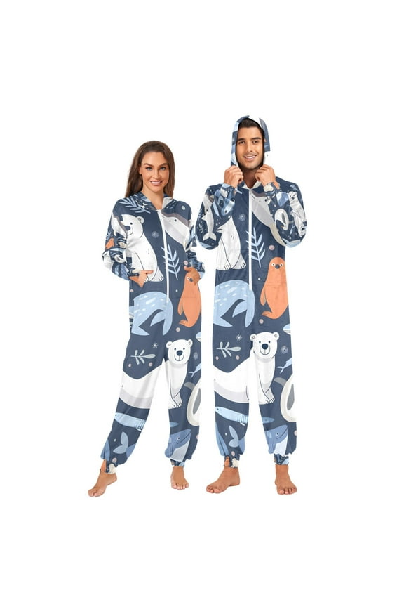 Bear Seal Penguin Adult Onesie Pajamas Slim Fit Christmas One Piece Suit Pjs for Women and Men Hooded Zipper