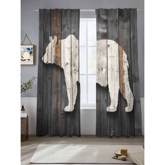 Bear Shadow Animal Pattern Portrait Chiffon Sheer Curtains 84 Inches Long Farmhouse Vintage Wood Board Rod Pocket Window Curtains Voile Drapes Curtains for Living Room Bedroom,2 Panels