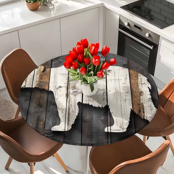Bear Shadow Animal Pattern Portrait Round Fitted Tablecloth with Elastic Edge,Waterproof Table Cloth Fits 36"-44" Tables,Wipeable Table Cover for Indoor Outdoor Dinning,Farmhouse Vintage Wood Board