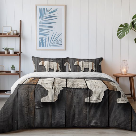 Bear Shadow Animal Portrait California King Size Bed Set,Farmhouse Vintage Wood Board Bedding for All Seasons,4 Pcs Bed Set with 1 Quiltcover (96"x104"),1 Sheet (110"x98"),2 Pillowcases (20"x36")