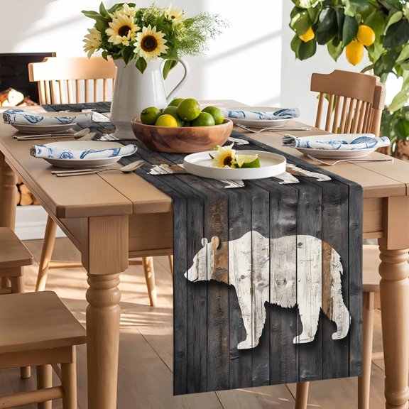 Bear Shadow Animal Portrait Table Runner 72 Inch Long Farmhouse Vintage Wood Board Table Runners Linen Burlap Tablerunner for Kitchen Dining Room Holiday Party