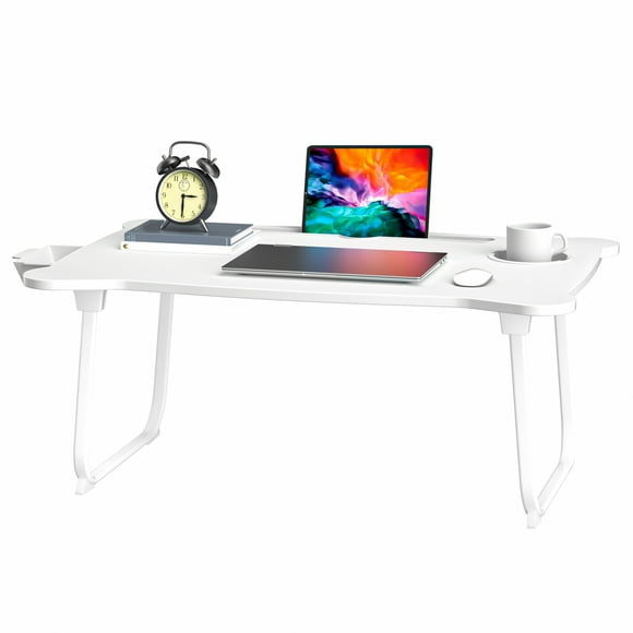 Bear Shape Bed Table, Laptop Bed Tray Table, Portable Lap Desk Bed Table Tray, Folding Couch Laptop Lap Desk with Storage Drawer, Cup Holder & Tablet Slot-White
