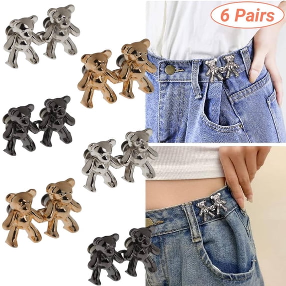 Bear Shape Waist Adjuster Buttons, 6-Pair Jean Tightening Clips to Make Pants Smaller Without Sewing for Perfect Fit