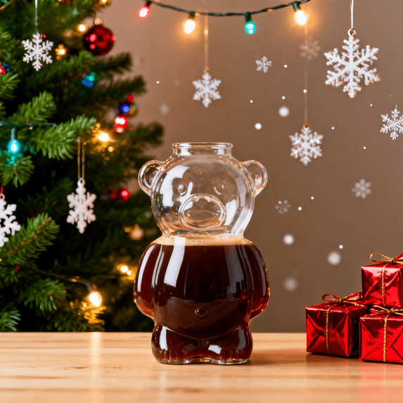 Bear-Shaped 11oz Glass Cold Cup with Straw, Perfect for Iced Coffees and Cold Beverages, Glass, Ideal Holiday Gift, Viral, Perfect for Coffee, Beer, and Wine,(1 Bear Cup)