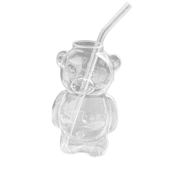 Bear Shaped Cocktail Glasses, Cute Mini Creative Transparent Glassware for Wine, Juice, Coffee, Tea, Milk, Perfect for Home Office and Parties (With Straw)