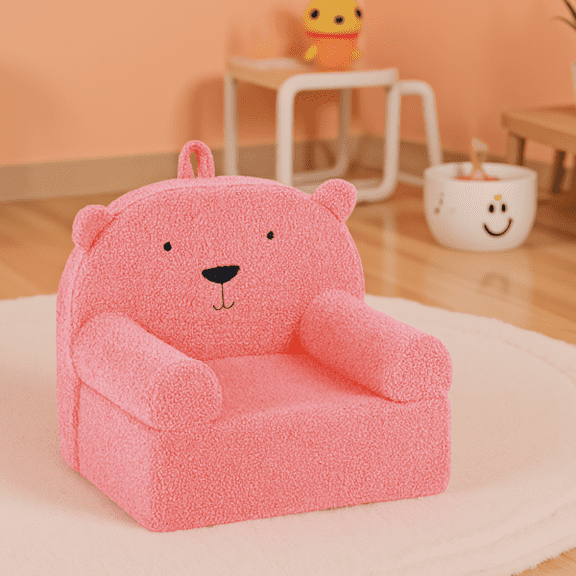 Bear-Shaped Foam Sofa Chair with Teddy Fleece Cover, Portable Seat for Ages 3+, Pink