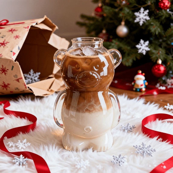 Bear-Shaped Glass Cold Cup, 11oz with Straw, Glass, Perfect for Iced Drinks, Holiday Christmas Gift, Viral, Perfect for Coffee, Beer, and Wine,(1 Bear Cup)