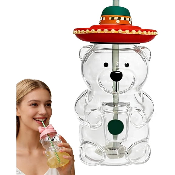 Bear Shaped Glass Cup with Straw and Lid, Borosilicate Tumbler for Iced Coffee & Tea