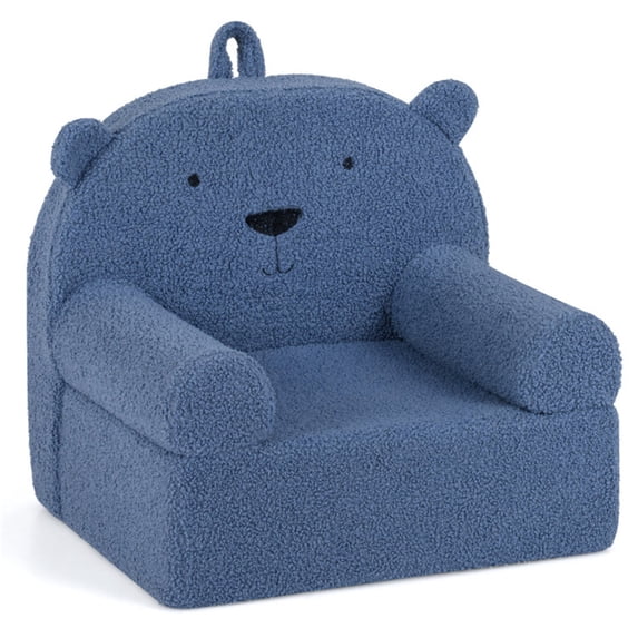 Bear-Shaped Kids Sofa, Teddy Fleece Foam Chair for Toddlers 3+ Years, Portable Bear Couch with Carry Handle, Removable Machine-Washable Cover (Navy)