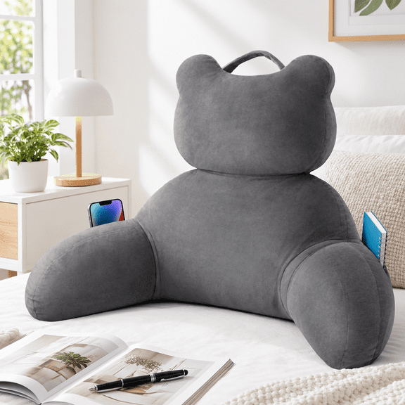 Bear Shaped Reading Pillow with Pockets for Sitting Up in Bed
