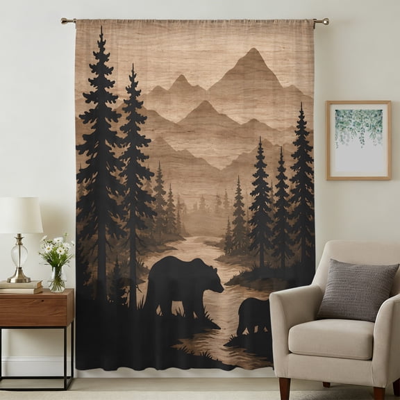 Bear Sheer Curtains 54 Inches Long, Forest Pine Trees Mountain Black Brown Light Filering Curtains, Breathable Simi Curtain Privacy Drapes for Kitchen Bathroom Nursery Lightweight Window Treatment