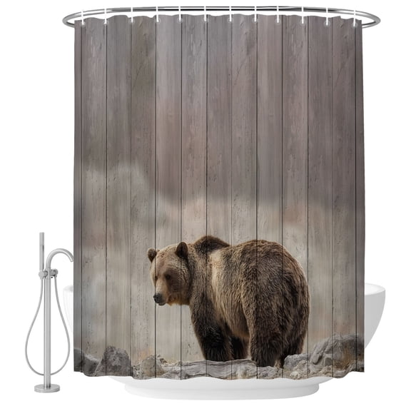 Bear Shower Curtain for Bathroom, Farmhouse Rustic Animals Wooden Texture Waterproof Machine Washable Shower Curtain Set with Hooks, Bath Decoration for Home Bathtub Stall 72"x84"
