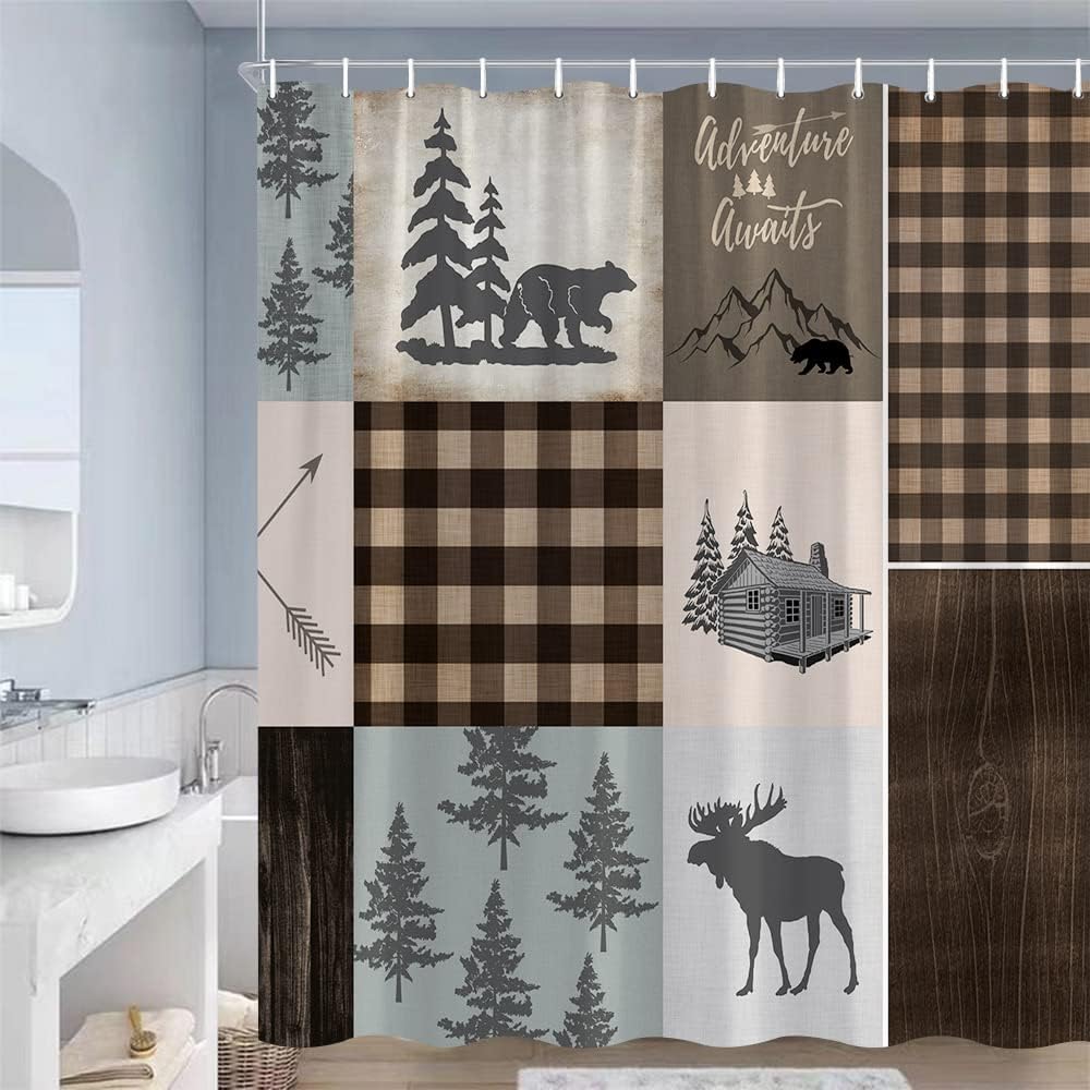 Bear Shower Curtain Brown Buffalo Check Plaid Wildlife Rustic Cabin