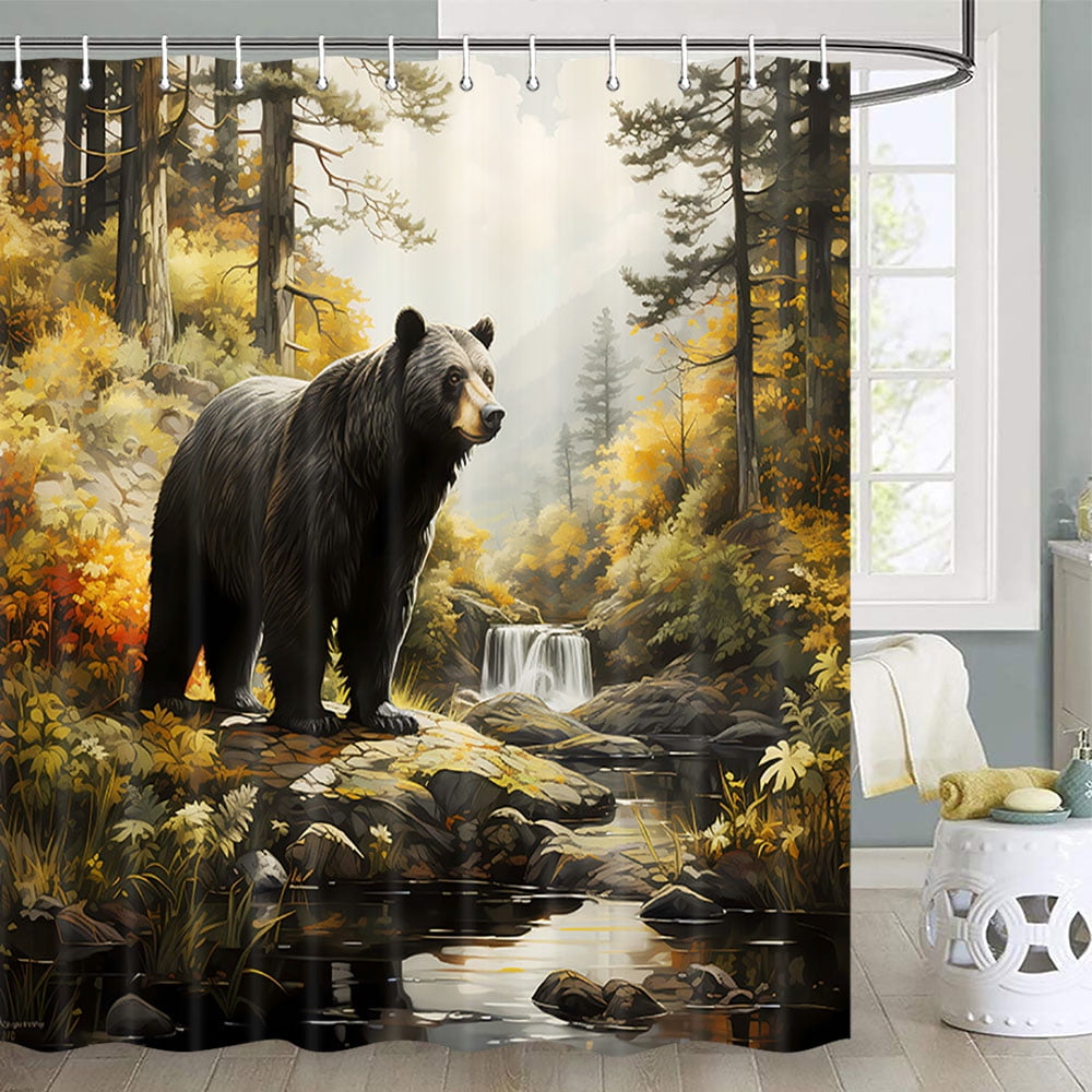 Bear Shower Curtain Country Hunting Shower Curtain for Bathroom Wild Animal Lodge Green Forest Shower Curtain Adventure Woodland Cabin Farmhouse Cabin Shower Curtains Set with Hooks, 72X72 inch