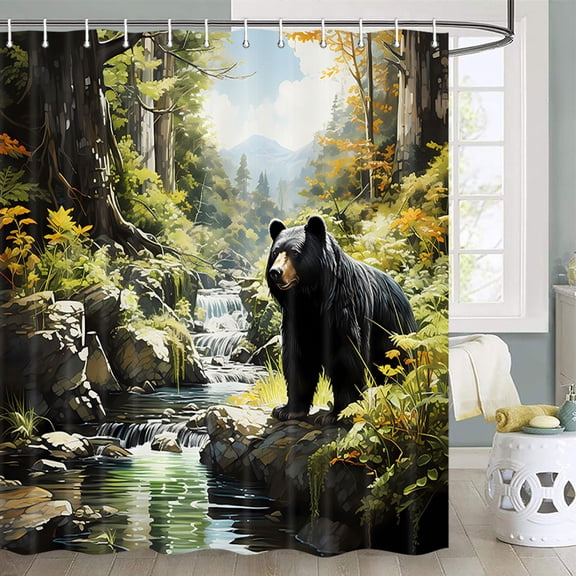 Bear Shower Curtain Country Hunting Shower Curtain for Bathroom Wild Animal Lodge Green Forest Shower Curtain Adventure Woodland Cabin Farmhouse Cabin Shower Curtains Set with Hooks, 72X72 inch
