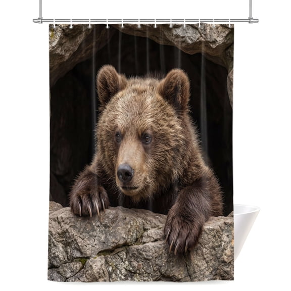 Bear Shower Curtain, Country Rustic Natural Forest Rock Cave Wild Animal Waterproof Shower Curtain Set with 12 Hooks Lightweight Bath Curtains Fabric Bathroom Decor 36x72 Inches