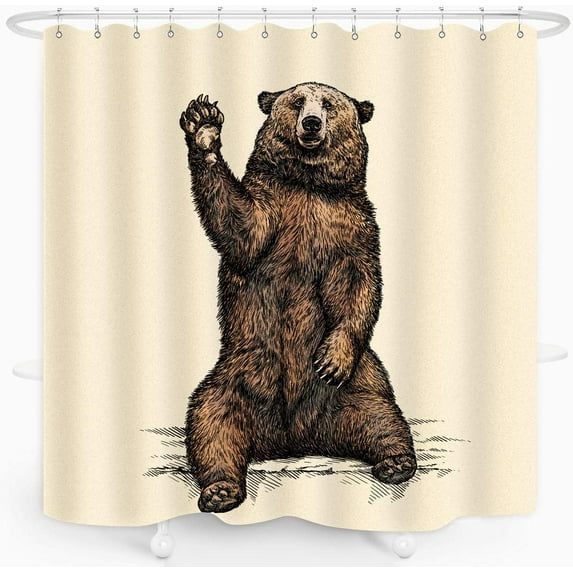Bear Shower Curtain Funny Animal Waving Hand Say Hello Lovely Brown Bear Kids Decor Home Bathroom Waterproof Fabric 72x72 Inch Beige Plastic Hooks 12PCS