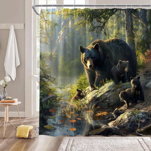 Bear Shower Curtain Rustic Forest Cabin Wildlife Camping Lodge Bathroom Decor, Waterproof Polyester Fabric with Hooks 36"W x 72"H