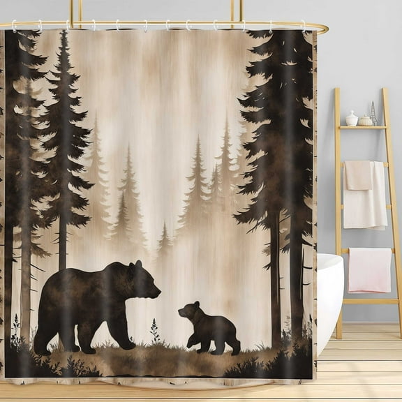 Bear Shower Curtain, Rustic Wild Animals Forest Mountain Vintage Wood Decor Bath Curtain, Farmhouse Hunting Camping Waterproof Fabric Bathroom Accessories Shower Curtain Set with Hooks, 72X72in