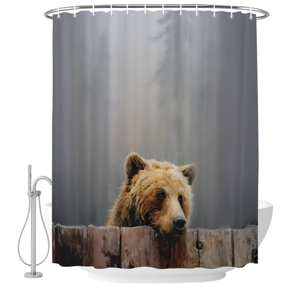 Bear Shower Curtain Set with Hooks, Fog Misty Woods Animal Water Repellent Shower Curtains for Bathroom Decor Sturdy Shower Curtain, Machine Washable 36x72 Inch