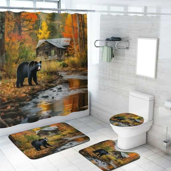 Bear Shower Curtain Sets Animal Black Bear Rustic Cabin Wildlife Bathroom Sets with Rugs(Bath Mat,U Shape and Toilet Lid Cover Mat) and 12 Hooks 70.8×70.8