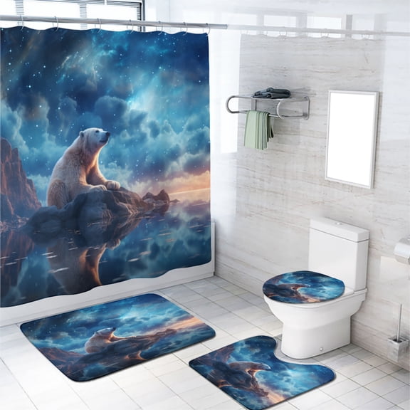 Bear Shower Curtain Sets with Non-Slip Rug Wild Animals Fantasy Colorful Starry Sky Bathroom Decor Bath Curtain with Rugs Toilet Lid Cover Bath Mat, 72x72 Inch