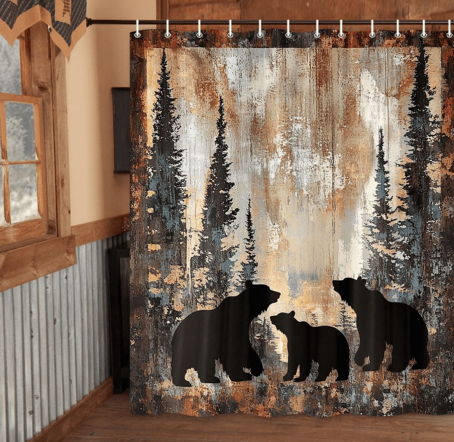 Bear Shower Curtains Rustic Cabin Lodge Woodland Wildlife Bath Curtain with Pine Trees and Black Bear in The Woods, Animal Hunting Camo Bathroom Decor Set with Hooks 70X75IN