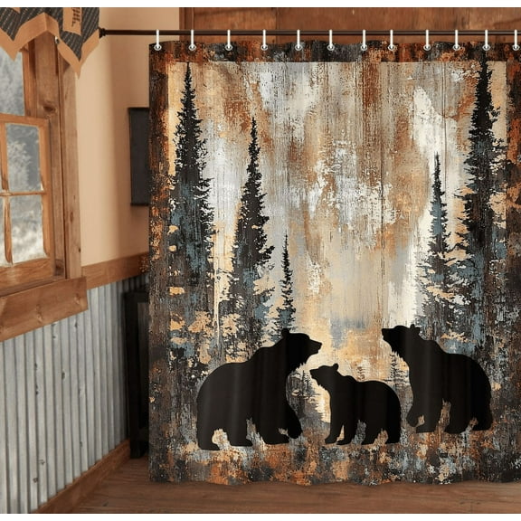 Bear Shower Curtains Rustic Cabin Lodge Woodland Wildlife Bath Curtain with Pine Trees and Black Bear in The Woods, Animal Hunting Camo Bathroom Decor Set with Hooks 70X85IN