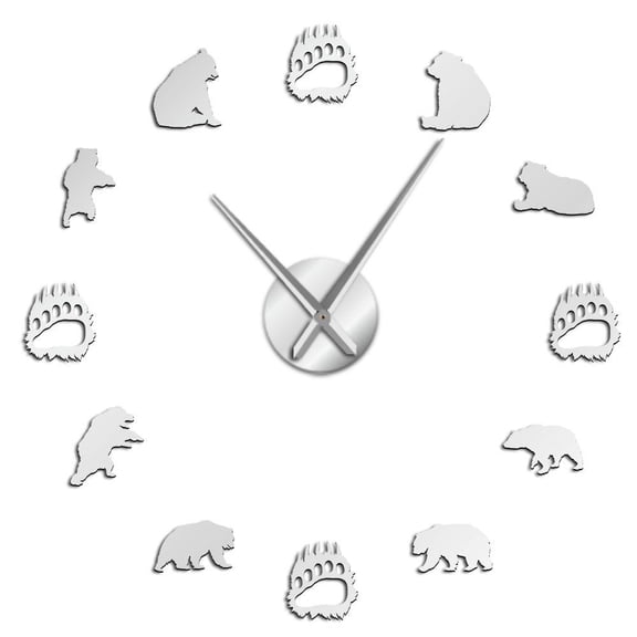 Bear Silhouette Frameless Wall Clock Stickers, DIY Modern Decorative Clocks for Living Room, Bedroom, Office - Easy to Install, Large 3D Clock Design (Silver,37in)