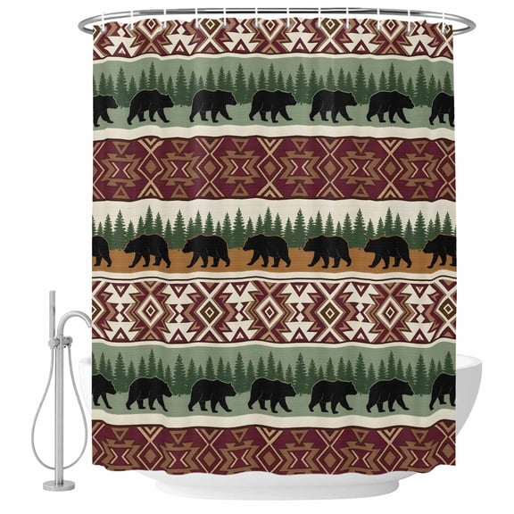 Bear Silhouette Shower Curtain Set with Hooks, Forest Tribal Rustic Farmhouse Brown Stripes Water Repellent Shower Curtains for Bathroom Decor Sturdy Shower Curtain, Machine Washable 72x72 Inch