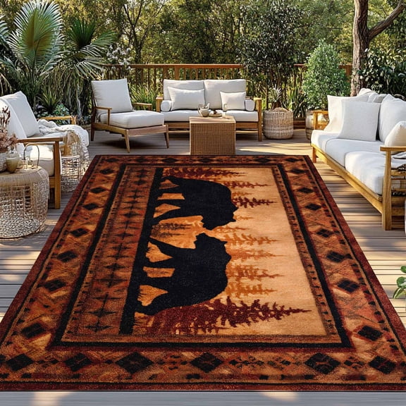 Bear Silhouettes Indoor Outdoor Rugs 3x5 Ft, Animals Pine Trees Aztec Border Rustic Outdoor Patio Rugs Mat Washable Outside Area Rugs Carpet for Porch Deck RV Camping Pool Balcony Backyard