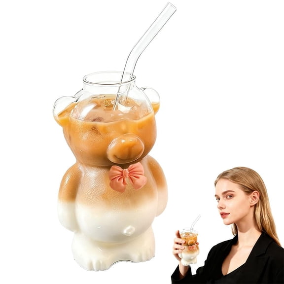 Bear Sippy Cup,11oz Clear Bear Glass Cup with Lid and Straw,Clear Bears Straw Cups,Cute Kawaii Bears Glass Bottle Mug,Cute BearGlassCup,for Coffee Juice Milk Tea Smoothies,Microwave Safe
