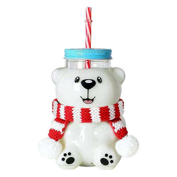 Bear Sippy Cup with Straw & mini Scarf, Bear Sippy Cup 19oz Clear Bear Glass Cup with Lid and Straw Cute Bear Glass Bottle Mug for Juice Milk Tea and Water