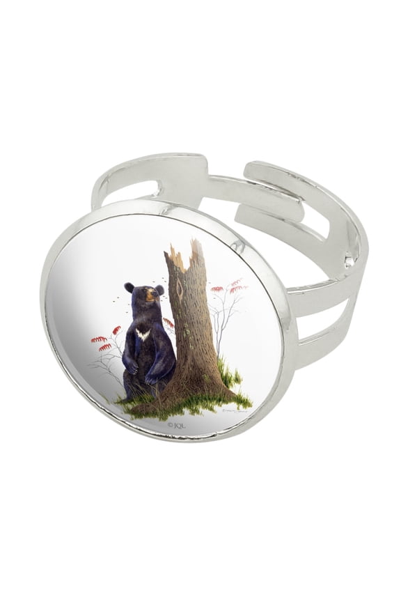 Bear Sitting by Tree Silver Plated Adjustable Novelty Ring