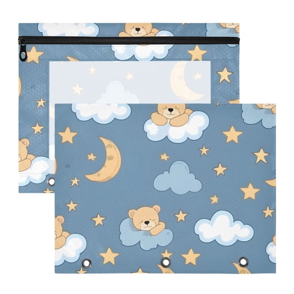 Bear Sleeping on Clouds Moon Stars 3-Ring Binder Pouches A4 Size Zipper Pocket File Storage 2 Packs