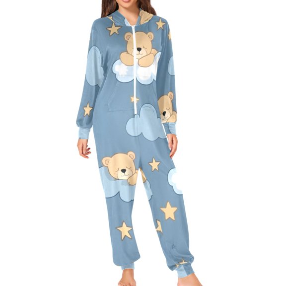 Bear Sleeping on Clouds Moon Stars Adult's Hoodie Onesie Jumpsuit One-Piece Pajamas with Zipper Unisex for Holiday M