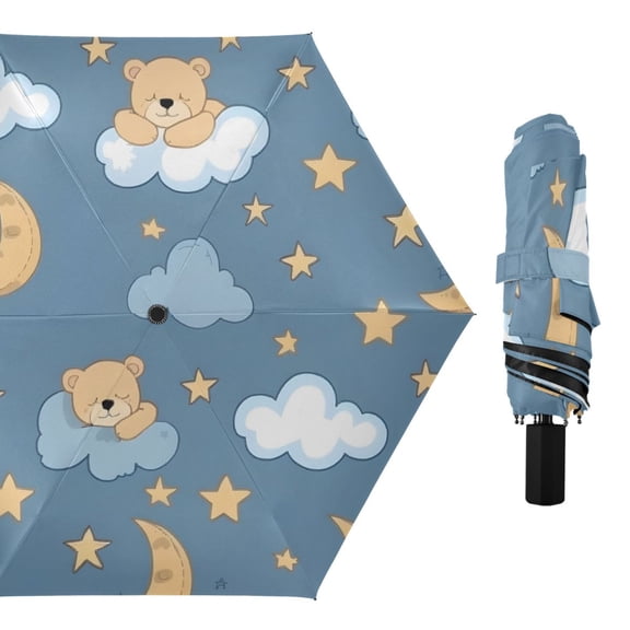 Bear Sleeping on Clouds Moon Stars All Weather Umbrella Triple Folding Parasol 6 Ribs UV Protection Portable