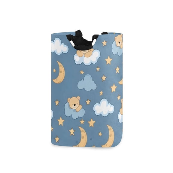 Bear Sleeping on Clouds Moon Stars Laundry Basket with Handles Foldable Laundry Hamper Freestanding Washing Bin 50L