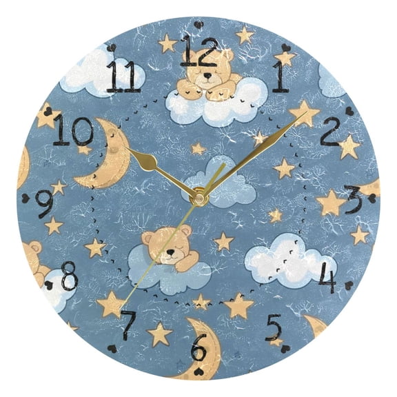 Bear Sleeping on Clouds Moon Stars Round Wall Clock Silent Analog Battery Operated Gold Pointer Home Decor 9.84" Diameter