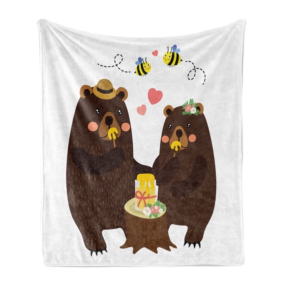 Bear Soft Flannel Fleece Blanket, Forest Party with Grizzly Bears and Bees Having Fun Love Eating Honey Gratitude Theme, Cozy Plush for Indoor and Outdoor Use, 60" x 80", Dark Brown, by Ambesonne