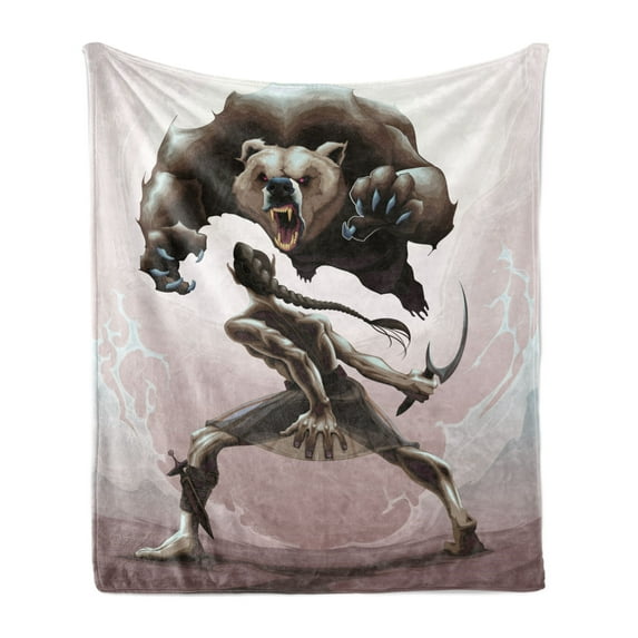 Bear Soft Flannel Fleece Blanket, Mythological Scene Concept of an Elf and Angry Bear Fantasy Fairytale Theme, Cozy Plush for Indoor and Outdoor Use, 50" x 70", Warm Taupe Dark Brown, by Ambesonne
